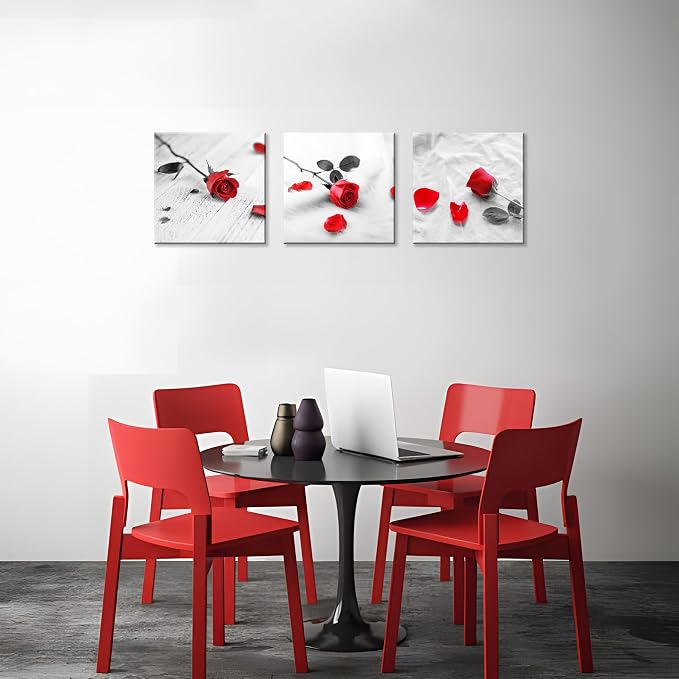 NAN Wind 3 Pcs Modern Canvas Painting Black and White Red Rose Canvas Art Painting Abstract Wall Art Decorations Flower Picture on Canvas for Home Decor Valentines Gift Stretched and Framed