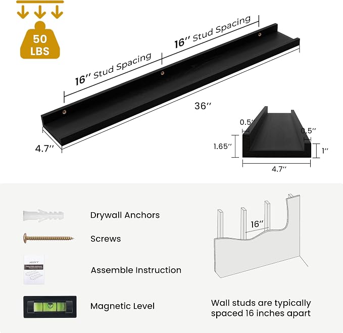 Acovy Solid Ash Wood Picture Ledge Shelf, 36 Inch, Black, Set of 2