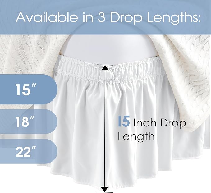FreshCulture King Bed Skirt, Dust Ruffle for King Size Bed, Easy Fit with 15-Inch Tailored Drop, Elastic Wrap Around Bed Skirt King Size, Hotel Quality Bed Skirts for Adjustable Bed (White)