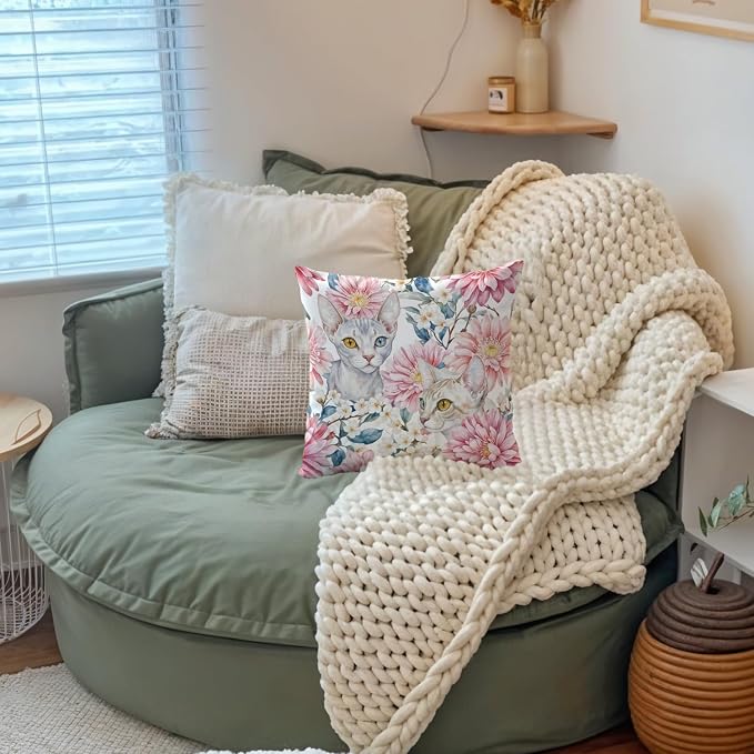 Vintage Pink Floral Cat Pillow Covers 18x18, Cottagecore Room Decor, Retro Chrysanthemum Flower White Cat Decorative Throw Pillow Covers Pillowcases for Bedroom Living Room Home Decor