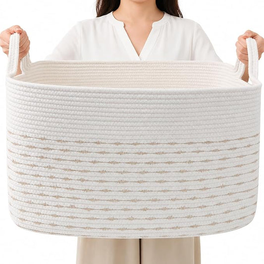 96L Woven Laundry Basket with Handles, Extra Blanket Basket,Yellow | 24"×16"×15" Collapsible Cotton Rope Storage Basket for Toys Clothes & Pillows, Nursery, Bathroom, Bedroom, Living Room