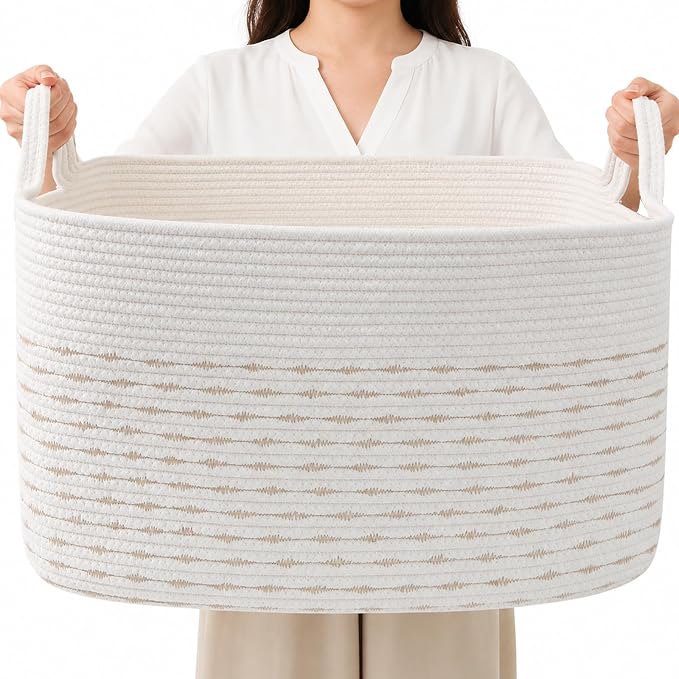 65L Large Laundry Basket with Handles,Woven Blanket Basket,Yellow | 21"×16"×12" Collapsible Cotton Rope Storage Basket for Toys Clothes & Pillows, Nursery, Bathroom, Bedroom, Living Room