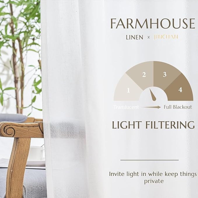 jinchan Linen Curtains Light Filtering Back Tab 50x96 Inch 2 Panels White | Semi Sheer Curtains 96 inch length for Bedroom Living Room, Modern Farmhouse Drapes with Rod Pocket, Natural Boho Curtains