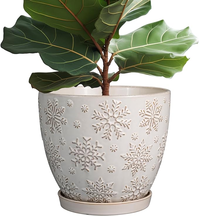 MPotTo Ceramic Planter, 10 Inch Plant Pot, Snowflakes White