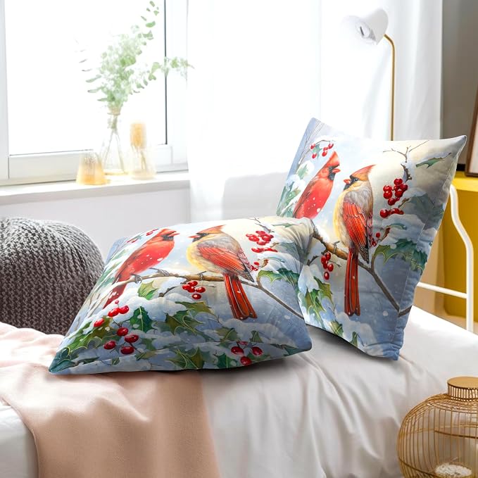 Winter Red Bird Throw Pillow Cover Set of 2 24x24 Inch Winter Christmas Pillowcase Nature Birds Scene Cushion Covers Farmhouse Pillow Protector for Home Bedroom Sofa