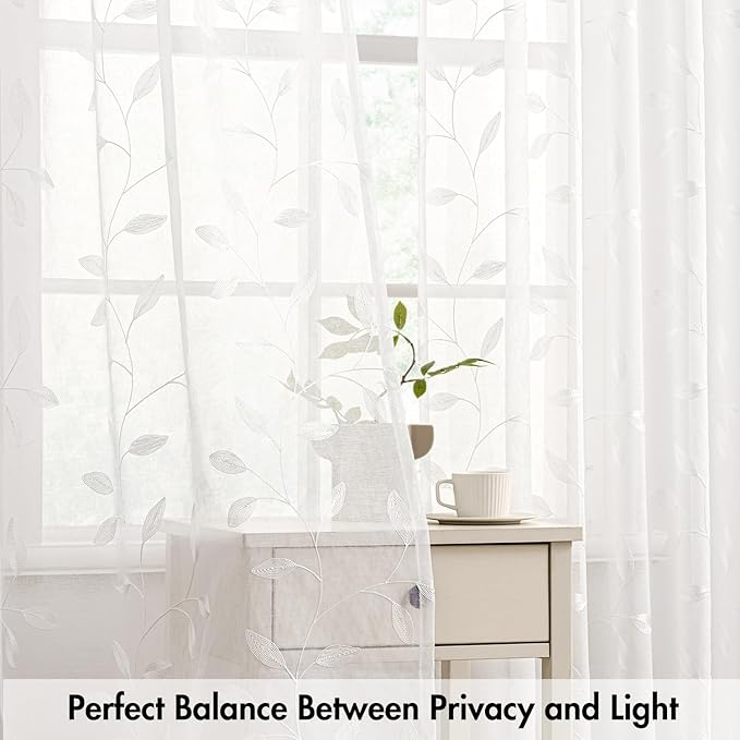 MIULEE White Sheer Curtains 2 Panels Embroidered Leaf Patterned, W52 x L84 | Embroidered Floral Semi Sheer,Rod Pocket,Faux Linen,Short Window Curtains Drapes Set for Kitchen/Bathroom/Cafe
