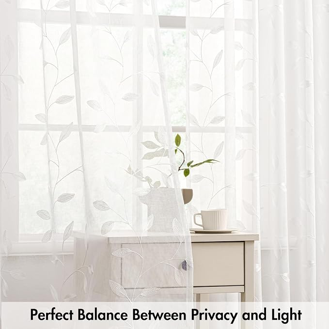 MIULEE White Sheer Curtains 2 Panels Embroidered Leaf Patterned, W52 x L96 | Embroidered Floral Semi Sheer,Rod Pocket,Faux Linen,Short Window Curtains Drapes Set for Kitchen/Bathroom/Cafe
