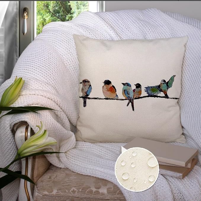RABUSOFA Outdoor Pillow Covers 24x24 Inch,Outdoor Bird Lumbar Throw Pillow Cases Small Decorative Pillows for Couch Patio Furniture Polyester Linen Teal Blue Waterproof