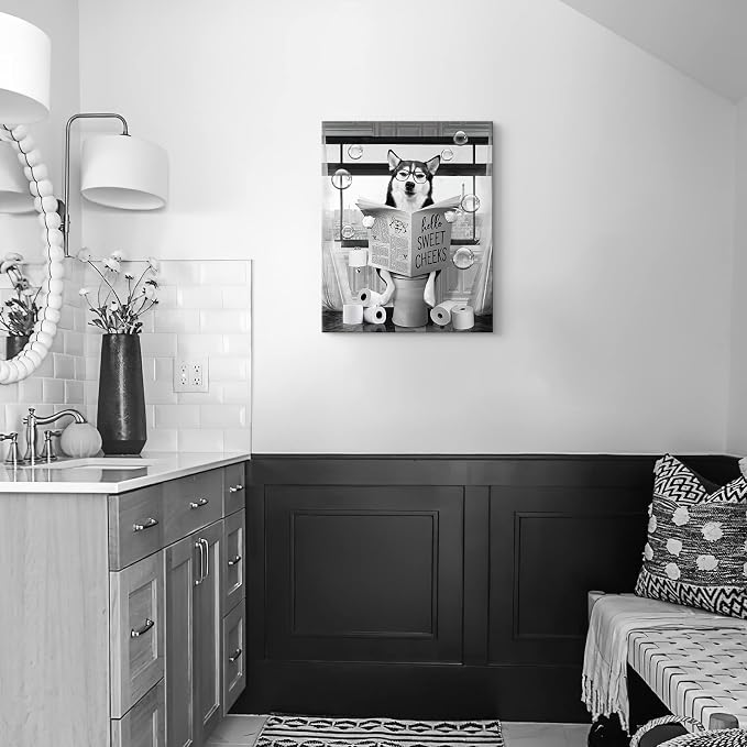 Funny Husky Dog Wall Art - Black and White Bathroom Print Farmhouse Animals Decor - Dog Sitting in Toilet Reading Newspaper Painting Framed Artwork 12x16 inch