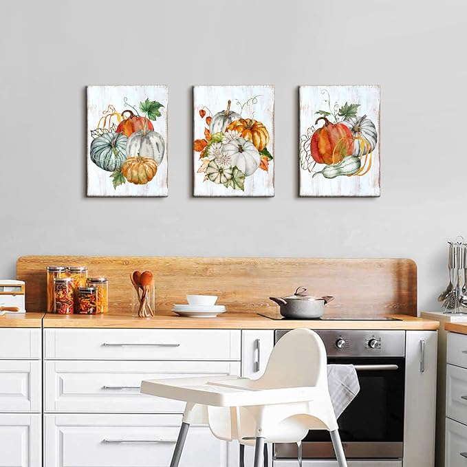 Large Pumpkins Wall Art Fall Decor Vintage Festival Wall Paintings Rustic Farmhouse Kitchen Decorations Autumn Maple Leaves Harvest Themed Wall Paintings Modern Halloween Posters Artworks 16x24" 3Pcs