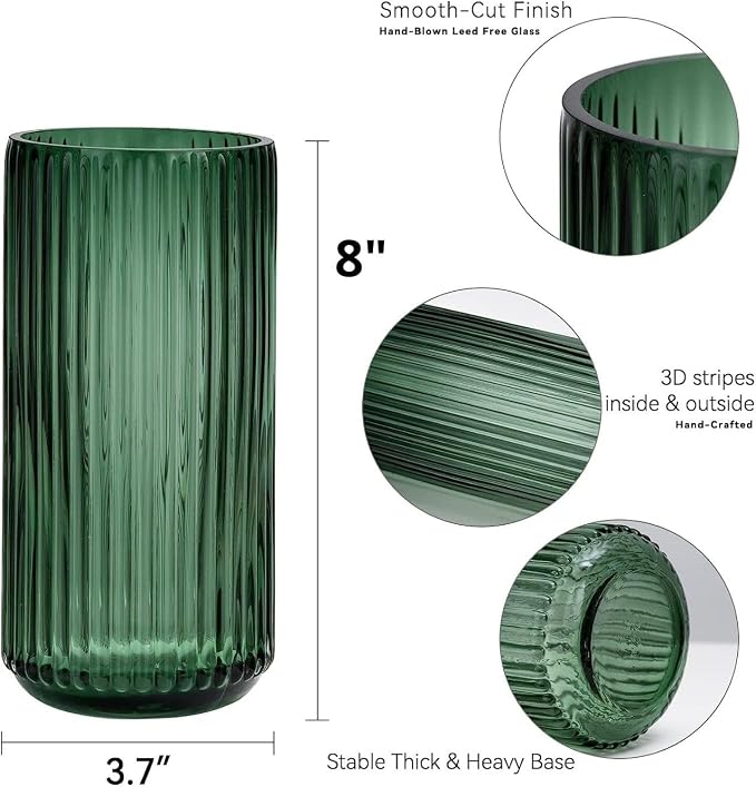 DECORPIA 8 Inch Premium Thickened Green Glass Vase - Ribbed Glass Flower Vase for Rustic Home Decor, Decorative Vases for Flowers for Modern Farmhouse, Ideal for Shelf, Mantle, Table Entryway Décor