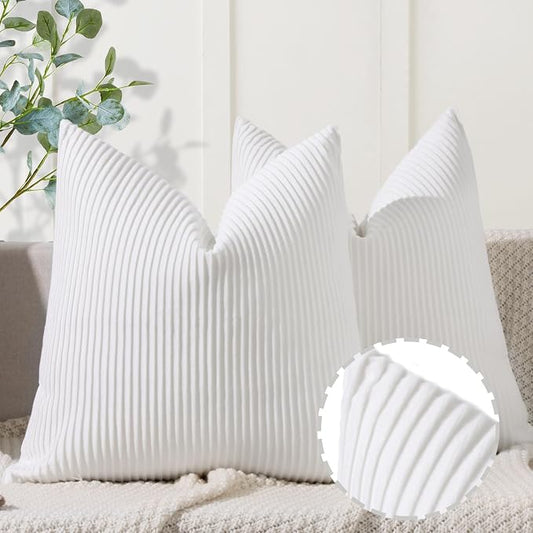 YCOLL White Pillow Covers 16x16 Set of 2 Velvet Striped Pattern - Soft Throw Pillows for Home Decor, Luxury Decorative Pillow Covers for Couch, Bed,Living Room