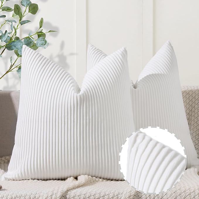 YCOLL White Pillow Covers 18x18 Set of 2 Velvet Striped Pattern - Soft Throw Pillows for Home Decor, Luxury Decorative Pillow Covers for Couch, Bed,Living Room