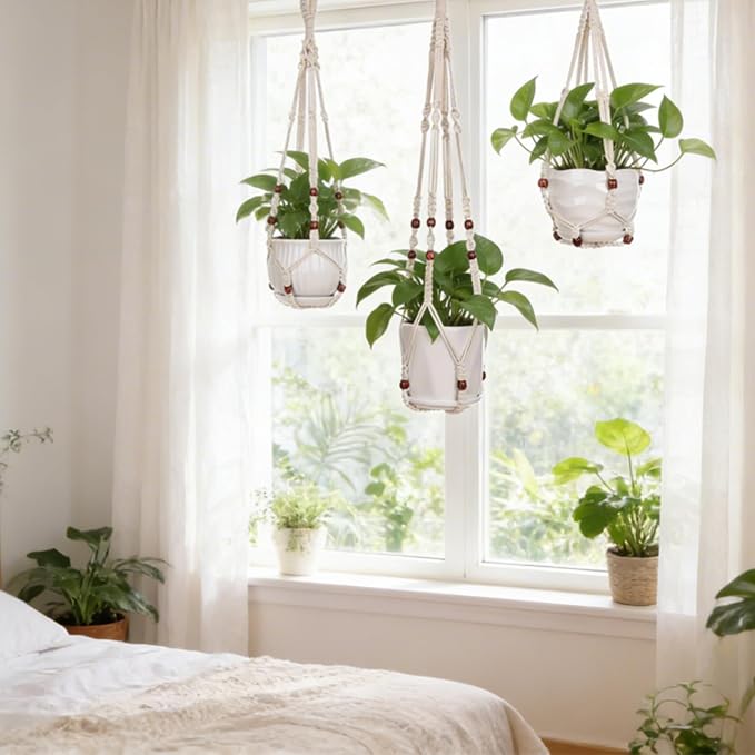YIBOT 3 Pack Macrame Plant Hangers Hanging Planters for Indoor Plants Ivory