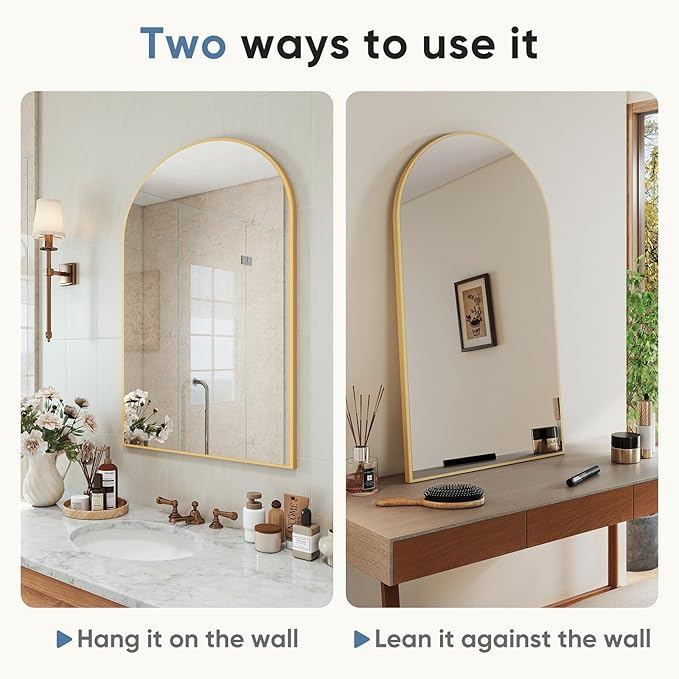 NEWBULIG 20X30 Inch Arched Bathroom Wall Mirror for Over Sink, Gold | Wall Vanity Mirror with Tempered Glass, Anti-Rust Arched Metal Framed, Hanging or Leaning, Farmhouse Home Decor