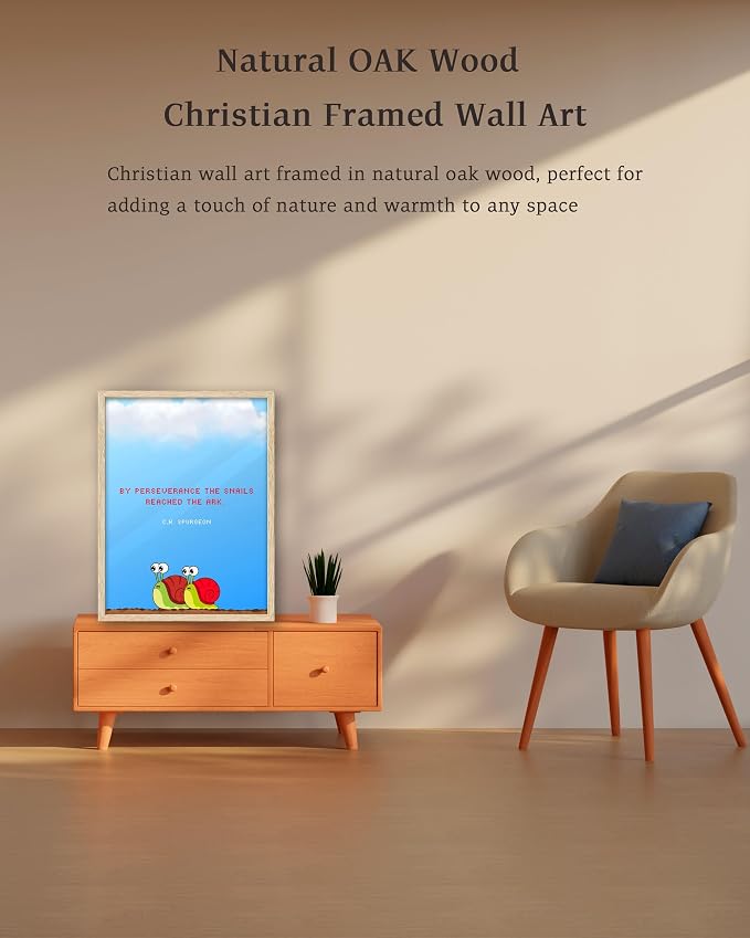 KensTro 12x16 Oak Framed Spurgeon Perseverance Snail Wall Art | Natural Oak Wood Frame with C.H. Spurgeon Quote, Cartoon Snails and Blue Sky for Bedroom, Office, Hallway or Study