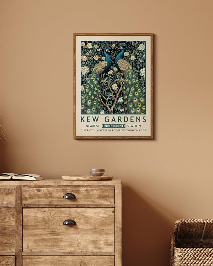 WHASAYART Vintage Peacock 12x16 Framed Canvas Wall Art Antique Painting, Kew Gardens Elegant Blue Peacocks Floral Botanical Bird Print Artwork, Retro Bathroom Bedroom Home Office Gallery Decor