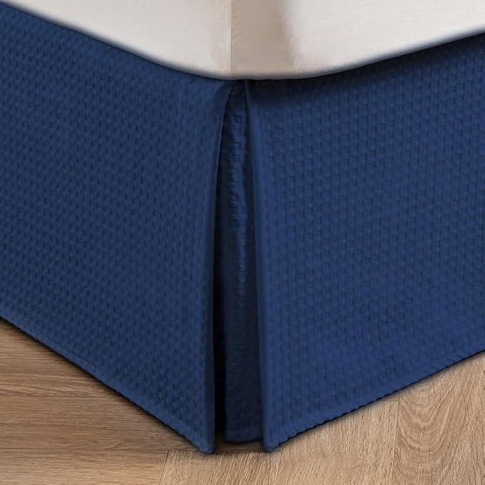 MIYE Pleated Waffle Weave Bed Skirt, Tailored Dust Ruffle 18 Inch Drop Easy Fit, Machine Washable (Navy Blue, Twin - 18" Drop)