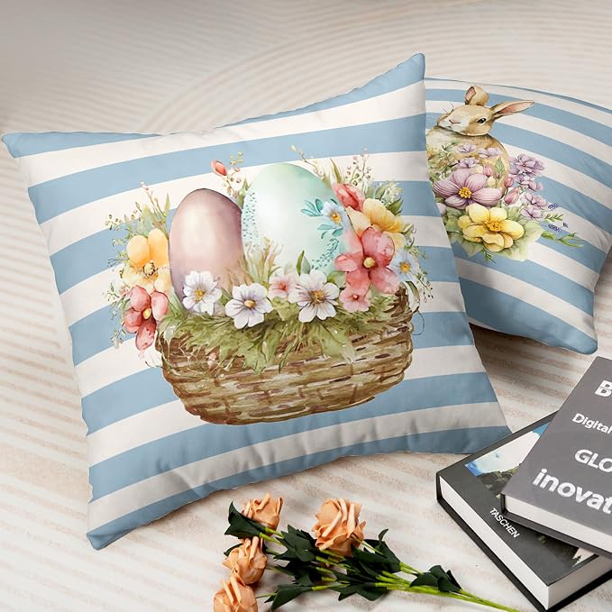 Spring Blue and White Stripes Easter Pillow Covers 24x24 Pack of 2 Egg Cute Rabbit Lovely Flowers Pillows Cases Holiday Warm Home Decor for Indoor Sofa Couch