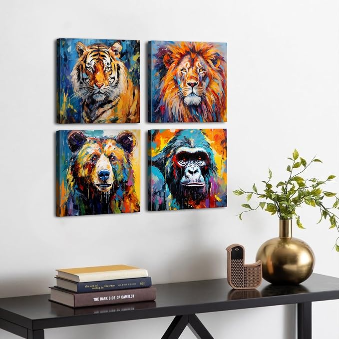 Graffiti Lion Wall Art Colorful Animals Pictures for Living Room Texture Chimpanzees Bear Tiger Wall Decor Kids Bedroom Abstract Forest Wildlife Artwork Living Room Nursery Home Decorations 12x12" 4P