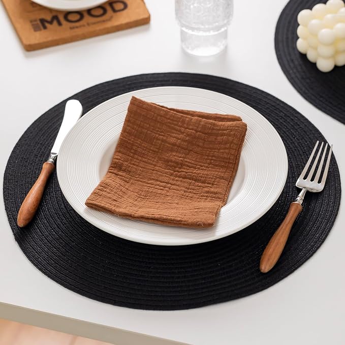 BARoyal Round Placemats Set of 12 Woven Placemats Washable Braided Table Mats for Dining Table Heat Resistant Non-Slip Circle Place Mats(Black)