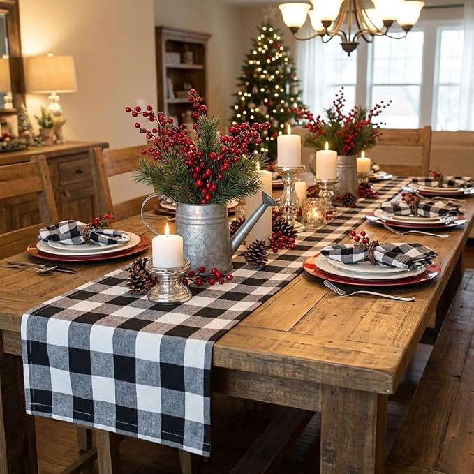 ShinyBeauty Black & White Buffalo Plaid Runners 120 inches Long Classic Farmhouse Table Runner Checked Table Runners for Family Dinner Thanksgiving Decorations (13"x120")