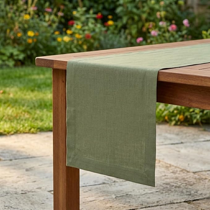 Solino Home 100% Pure Linen Table Runner Oil Green Long, Fete 14 x 120 in | a graceful centrepiece for dining and gatherings, European flax fibres, gift ready packaging, Oil Green, OEKO-TEX Certified