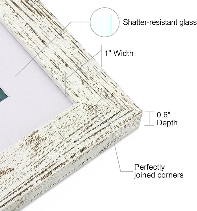 12x16 Picture Frame-Vintage White,8x12 Mat,Tempered Glass,Engineered Wood