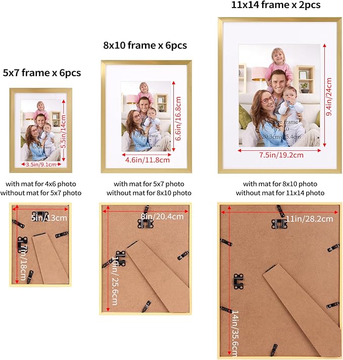 Giftgarden 14 Pack Gold Picture Frames Set, 2pcs 11x14 Matted for 8x10, 6pcs 8x10 Matted for 5x7, 6pcs 5x7 Matted for 4x6, Gallery Frame Collage for Wall or Tabletop Display