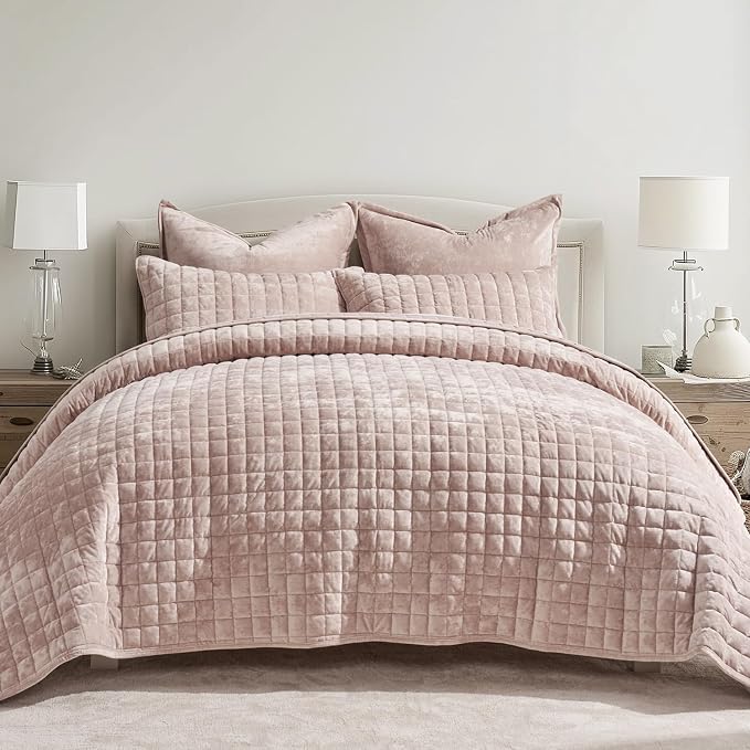 RECYCO Channel Box Stitch Velvet Quilt Set, Twin/Twin XL Size, Rose Pink | Ultra Soft Lightweight Velvet Comforter, Luxury Oversized Bedspread Coverlet, Quilted Bedding Set for All Season with 1 Sham