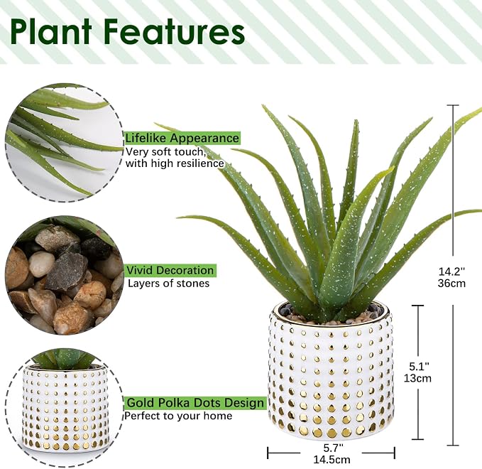 GnFlus Artificial Succulent Aloe Plants 14.2 Inch Large Faux Succulents with Ceramic Pot Fake Aloe Potted Plant for Home Indoor Bathroom Table Bedroom Shelf Office Decor