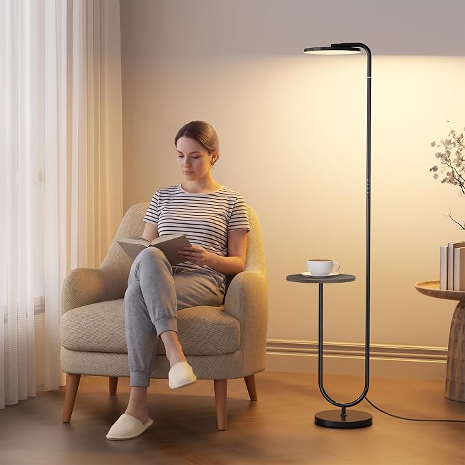 SIBRILLE 36W LED Floor Lamp with Table, Super Bright Standing Lamp, Modern Stepless Dimmable Torchiere Tall Lamp with Remote Control, 350°Rotating Head Floor Lamp for Living Room, Bedroom, Office