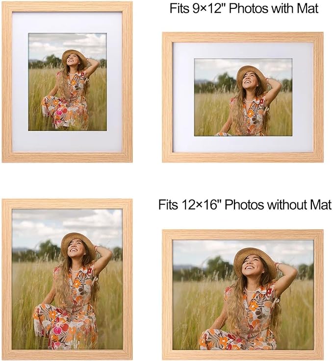 12x16 Picture Frame-Natural Oak,9x12 Mat,Tempered Glass,Engineered Wood