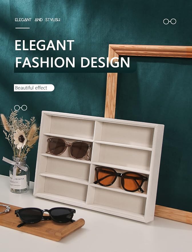 Coward Sunglass Organizer, Beige Velvet Glasses Trays - Eyeglasses Watches Jewelry Display - Men Women (8 Grids) (Pack of 2)