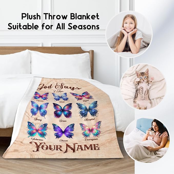 Personalized Butterfly Blanket With Name For Women, Girls & Kids - God Says I Am Fleece Fuzzy Throw For Couch, Inspirational Gift For Her & Daughter, 50"x60"