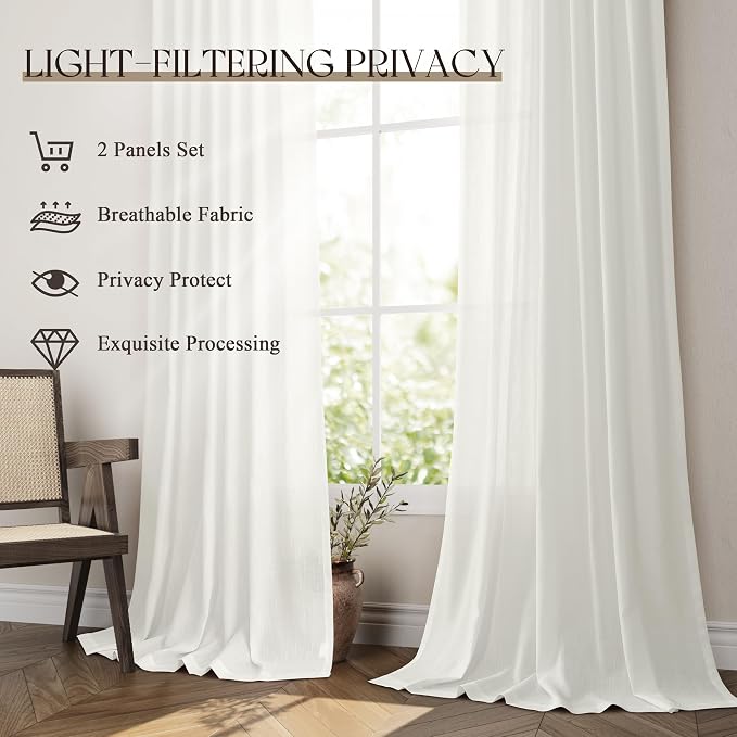 Jowels Ivory Linen Curtains 90 Inch Long 2 Panels for Living Room | White Light Filtering Semi Sheer Curtain,Back Tab Pocket Pleated Look,Farmhouse Textured Privacy Drapes for Bedroom Window