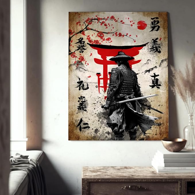Wesluin 16"x20" Samurai Warrior Canvas – Red Torii Gate Japanese Wall Art | Stoic samurai stands beneath crimson torii gates. Timeless bushido decor. Hook included, ready to hang.