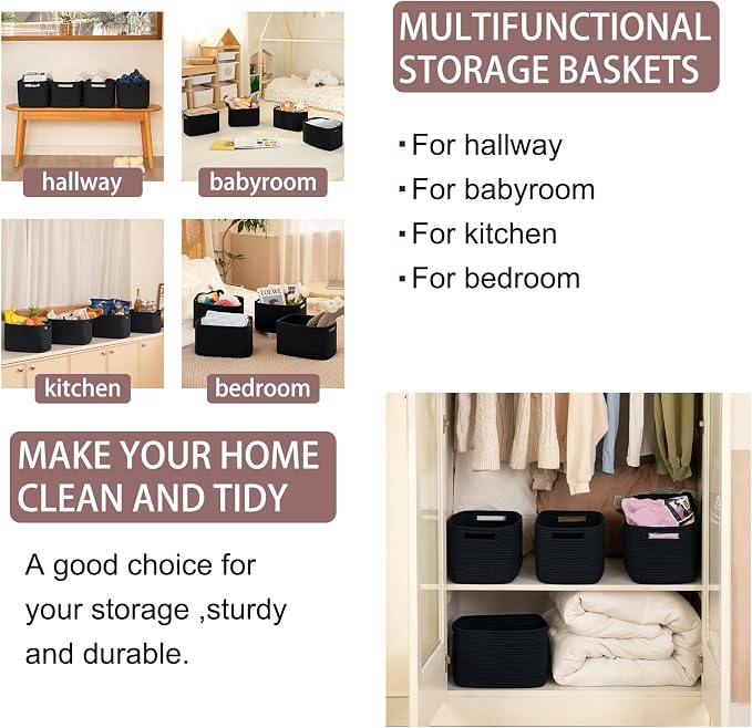 OIAHOMY 4 Pack Storage Baskets for Organizing 24L Cube Storage Bins Black | Woven Baskets for Storage Rectangle Small Baskets With Handles Baskets for Shelves Wicker Baskets for Shelves 16x12x8inch