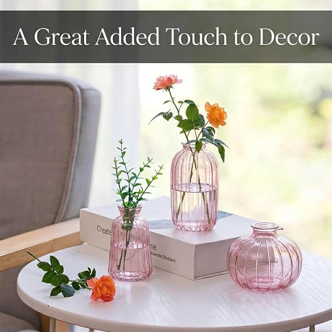 Glass Bud Vases Set of 3,Small Pink Flower Vases for Wedding Centerpiece Table Decorations,Vintage Mini Vase,Flower Arrangements in Vases for Party or Home Decor (Pink)