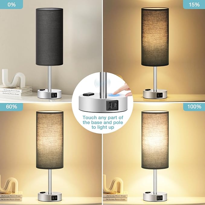 Fenmzee Black Bedside Lamp for Bedroom, Dimmable Touch, USB A+C, AC Outlet
