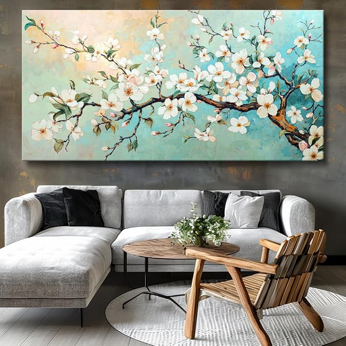 Large White Prunus mume Flower Wall Art Elegant Flower Framed Floral Canvas Print for Living Room, Bedroom, Dining Room, Home Office Modern Ready to Hang Home Decor - 24"x48"