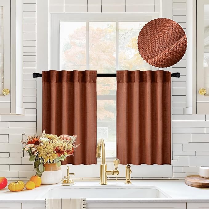 MIULEE Burnt Orange Fall Kitchen Curtain 36 Inch Length 2 Panels Farmhouse | Textured Semi Sheer Light Filtering Short Cafe Tier Curtain for Small Half Window Bathroom Laundry Back Tab Rod Pocket