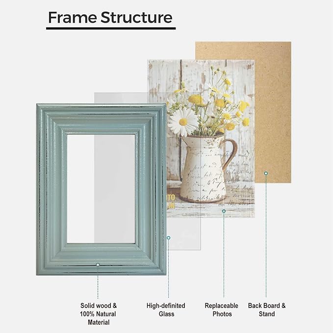 Vintage 4x6 Inches Wooden Picture Frame Pack of 3 Farmhouse Aqua Grey White - Rustic Thick Wood High Definition Glass Photo Frame Outside 6x8 Inches - 2 Ways Display Tabletop or Wall Mounted