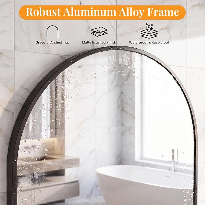 Sweetcrispy 30"x38" Arched Bathroom Mirror, Bathroom Mirrors for Over Sink | Modern Wall Mirrors Arch Decorative for Entryway, Bedroom, Vanity,Horizontal or Vertical Hanging, Black