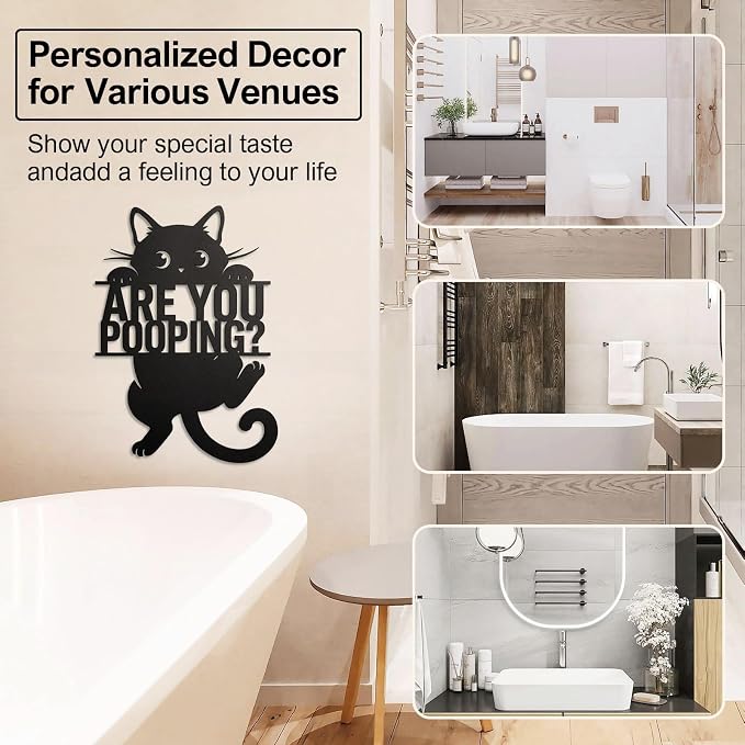 Black Cat “Are You Pooping” Bathroom Signs Wall Art,15x11 Inch Funny Metal Cat Restroom Sign Animal Bathroom Wall Art for Toilet, Cat Lover Gifts for Women Home Decor