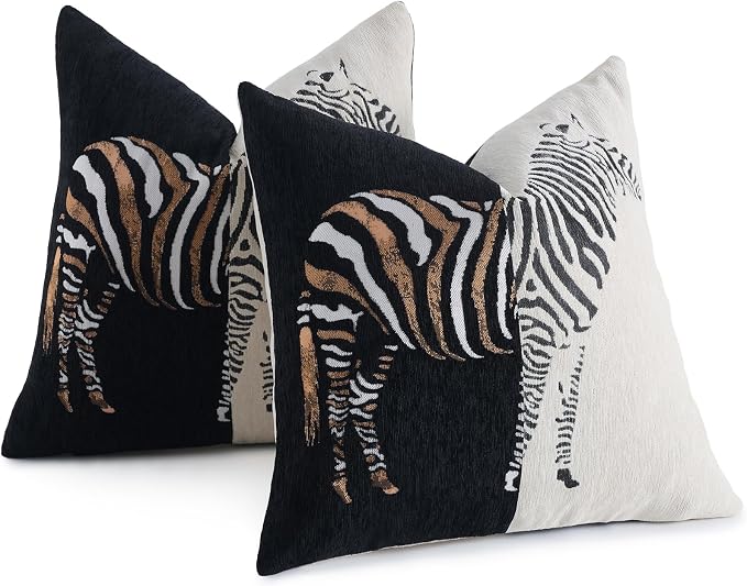 AmHoo Set of 2 Throw Pillow Covers Zebra Chenille Patchwork Decorative Pillows Cover Pillowcase for Sofa Couch Bed 18 x 18-Inch Black