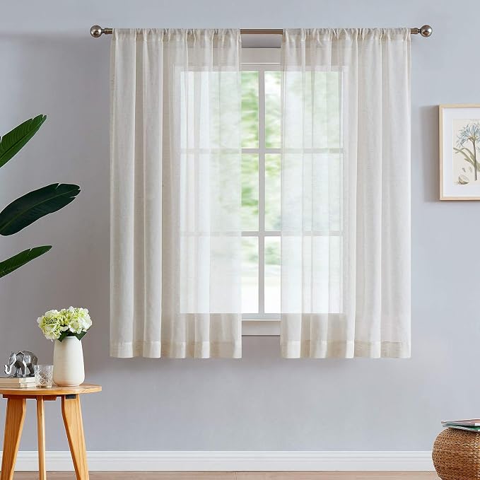 FMFUNCTEX Beige Linen Sheer Curtains, 54 Inches, 2 Panels for Bedroom | Natural Semi Sheer Drapes, Flax Linen, Rod Pocket, Light Filtering, Farmhouse French, Kitchen, Privacy, for Living Room