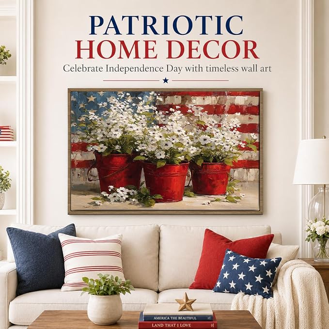 American Flag Framed Canvas Wall Art, 4th of July Floral Canvas Prints | Wildflower Landscape Poster Print, Vintage Rustic Independence Day Wall Decor for Bedroom Living Room Office 16×20in
