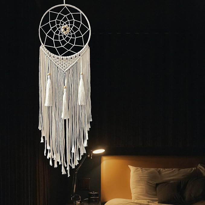 Dream Catcher Macrame Wall Hanging, Boho Decorations for Bedroom Living Room Wedding Party Home Decor, 14" Inner Dia, with 5.9ft Cotton Rope (Medium, Solid)