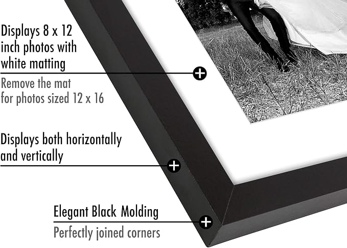 Americanflat 12x16 Picture Frame with Shatter-Resistant Glass - Use as 8x12 Frame with Mat or Display 12x16 Photo Without Mat - Signature Collection - Picture Frames for Wall Display - Black